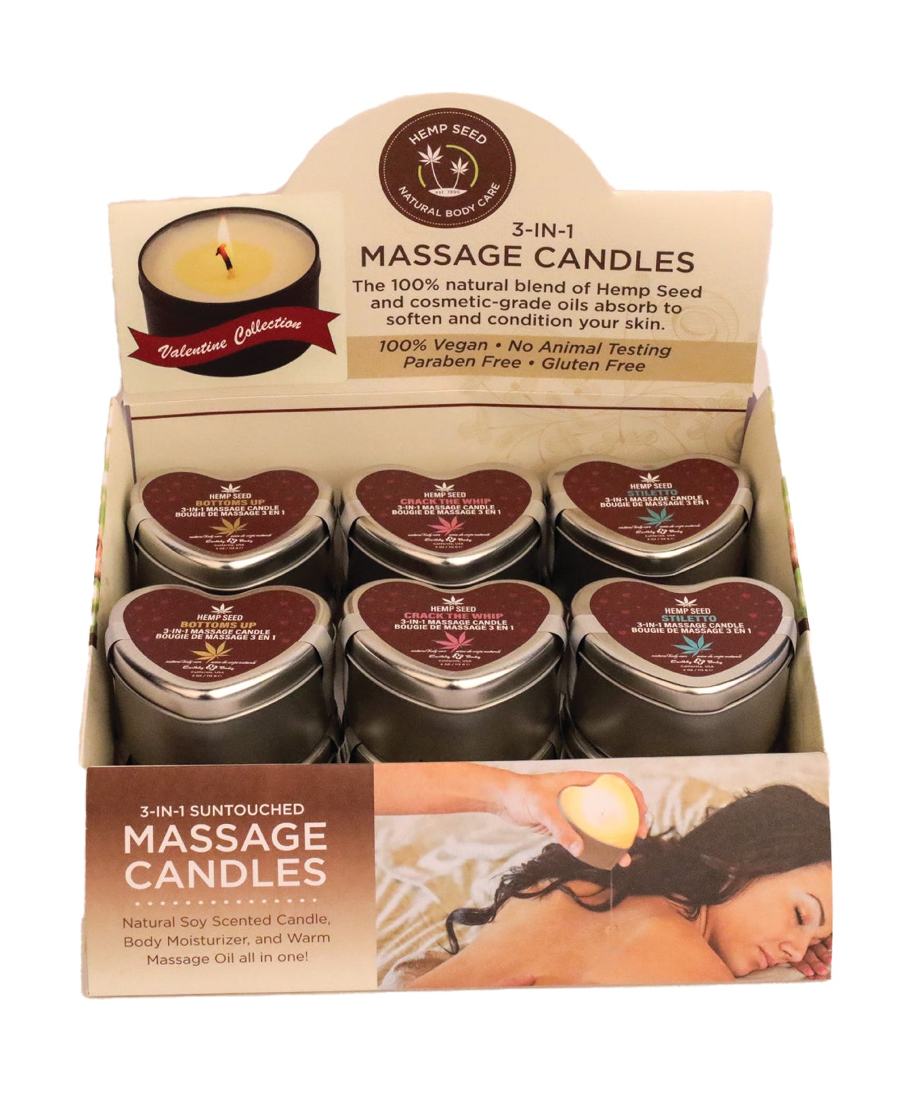 Earthly Body 2025 Valentines 3 in 1 Massage Heart Candle Display w/Tester - 3 Scents Display of 12