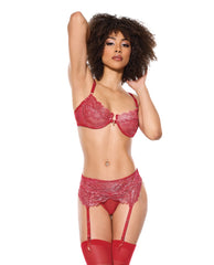 Metallic Stretch Lace Underwire Bra w/Crotchless Garter Panty - Red SM