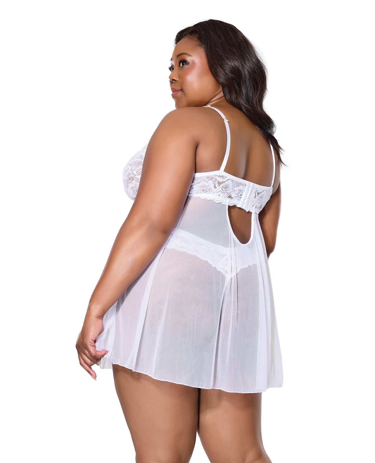 Scallop Stretch Lace & Mesh Babydoll w/Thong - White 1X/2X