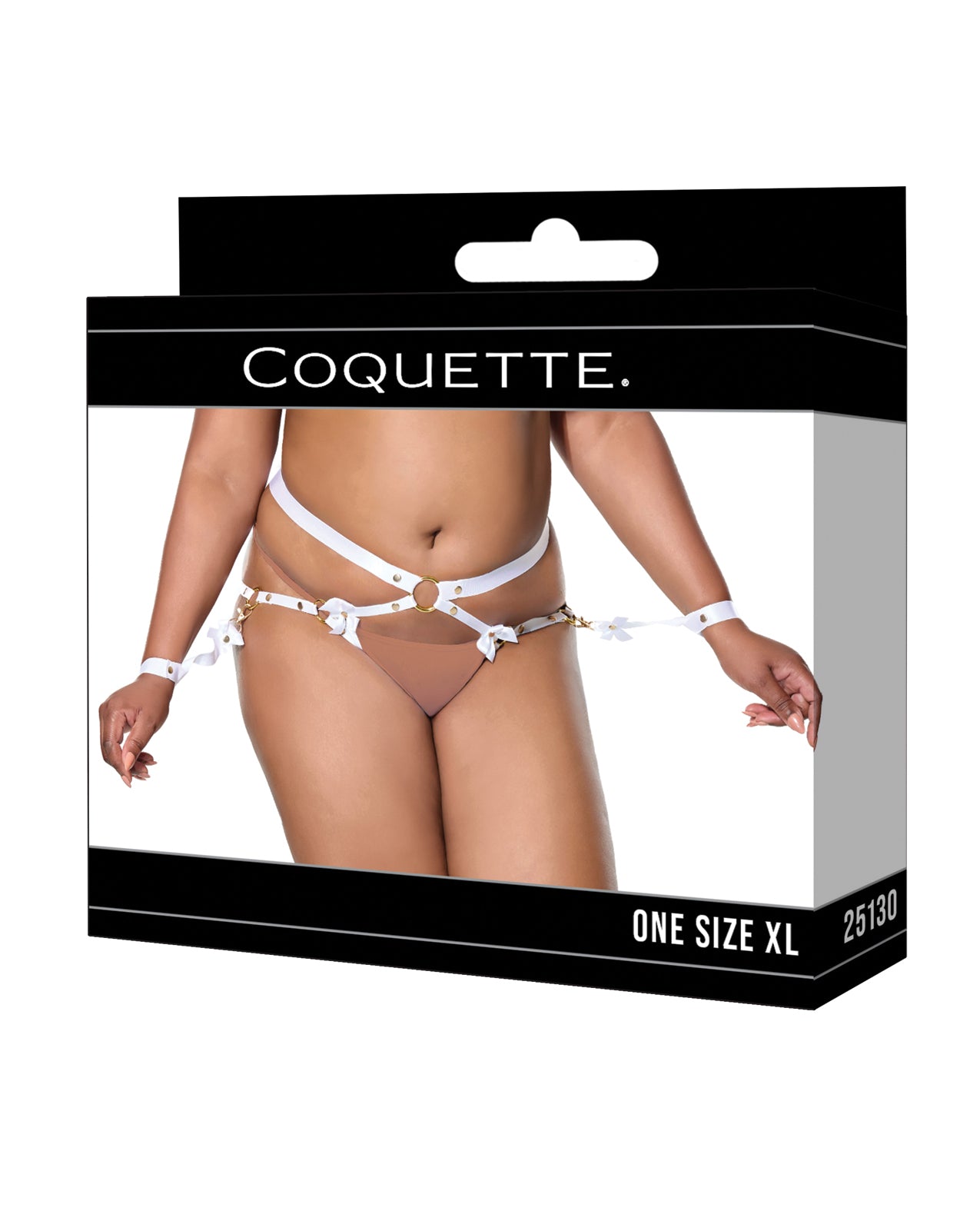 Satin Ribbon w/Elastic Harness & Cuffs Set - White/Gold QN