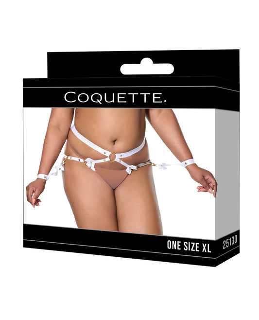 Satin Ribbon w/Elastic Harness & Cuffs Set - White/Gold QN