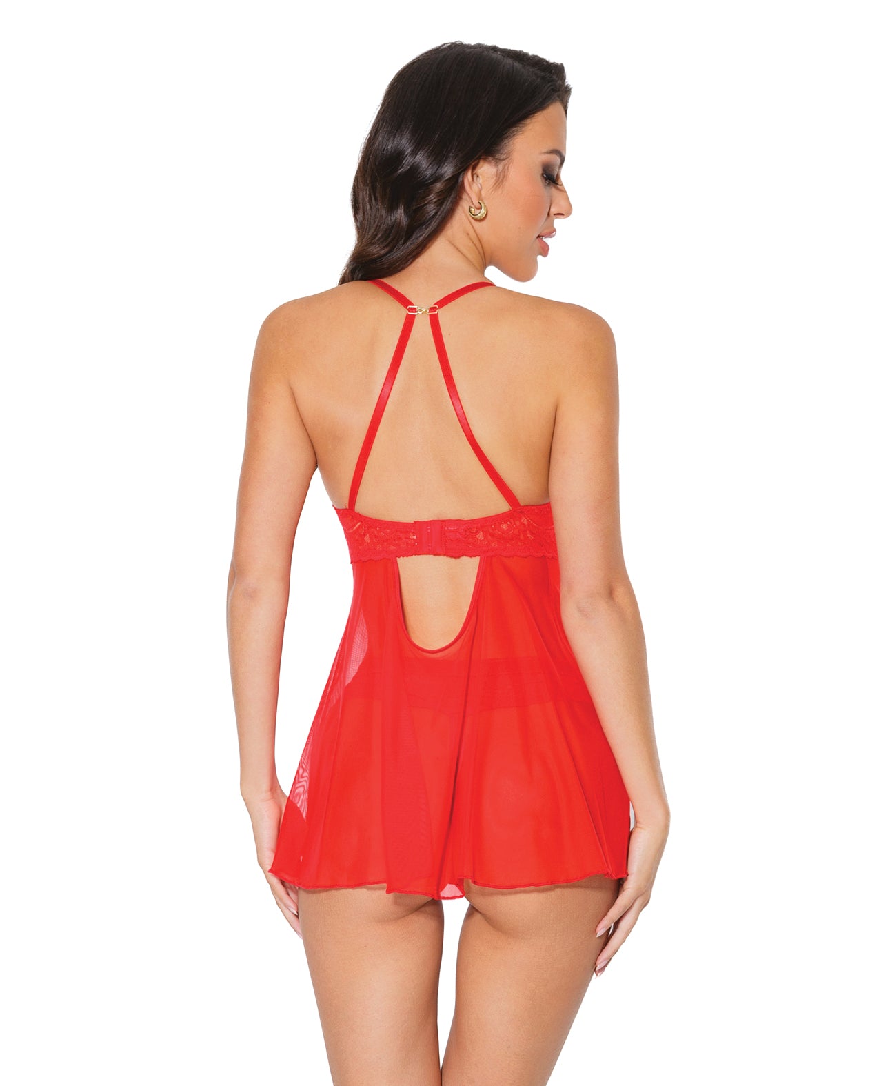 Holiday Scallop Stretch Lace & Mesh Babydoll & Thong Red/gold Lg - LUST Depot