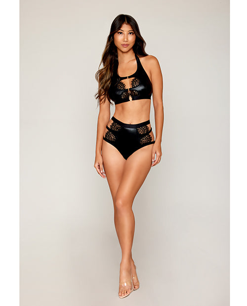 Stretch Faux Leather and Eyelash Lace Bralette w/High-Waisted Panty - Black SM - LUST Depot