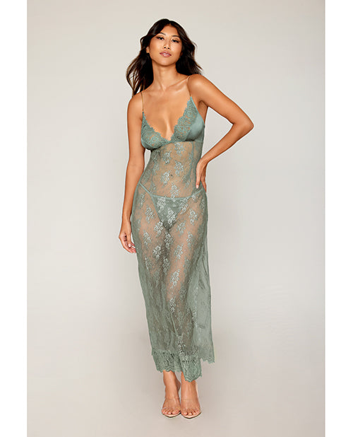 Eyelash Lace & Satin Long Chemise w/G-String - Sage Green MD