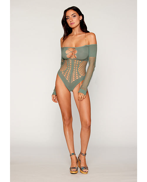 Long Sleeve Opaque and Fishnet Seamless Teddy w/Removable Halter Chain - Sage Green O/S - LUST Depot