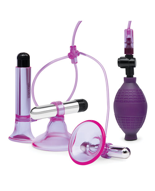 Lux Fetish Vibrating Nipple Suckers w/Clitoral Pump & Quick Release - Pink/Purple - LUST Depot