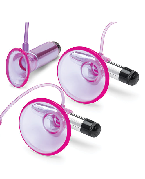 Lux Fetish Vibrating Nipple Suckers w/Clitoral Pump & Quick Release - Pink/Purple - LUST Depot