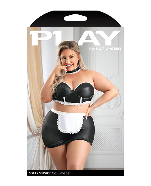 Play 5-star Service Wetlook Bustier, Open Back Skirt, G-string & Choker Black/white 3x/4x - LUST Depot