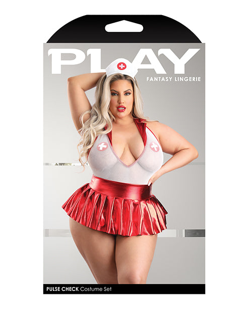 Play Pulse Check Collared Teddy W/open Back, Pleated Skirt, Medic Hat & Pasties Red/white 1x/2x - LUST Depot