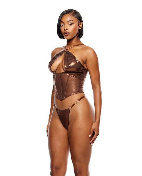 Liquid Metal Metallic Mesh Bustier w/G-String 2 pc Set - Metallic Copper LG