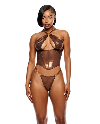 Liquid Metal Metallic Mesh Bustier w/G-String 2 pc Set - Metallic Copper MD