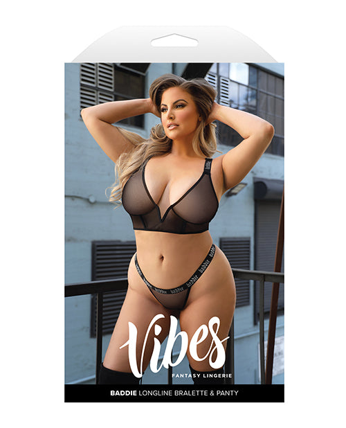 Vibes Baddie Glitter Mesh Long Line Bralette & Thong Black QN - LUST Depot