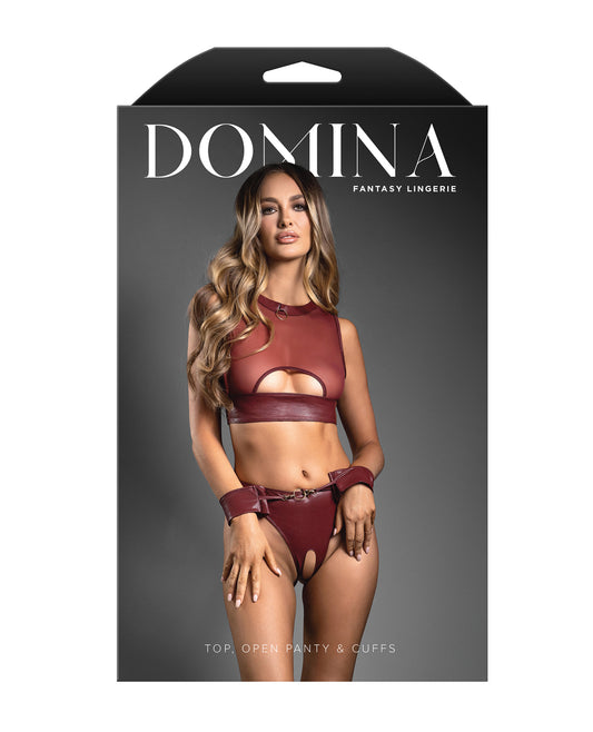 Domina Sheer Mesh & Vegan Leather 3 pc Set w/Crotchless Panty & Handcuffs - Burgundy L/XL