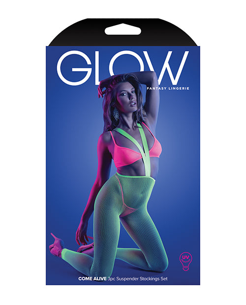 Glow Come Alive Suspender Stockings, Bralette & G-string Multi Color O/s - LUST Depot