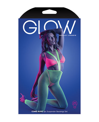 Glow Come Alive Suspender Stockings, Bralette & G-string Multi Color O/s - LUST Depot