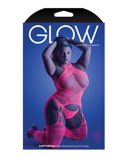 Glow Captivating Halter Bodystocking & G-string Neon Pink Qn - LUST Depot