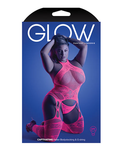 Glow Captivating Halter Bodystocking & G-string Neon Pink Qn - LUST Depot