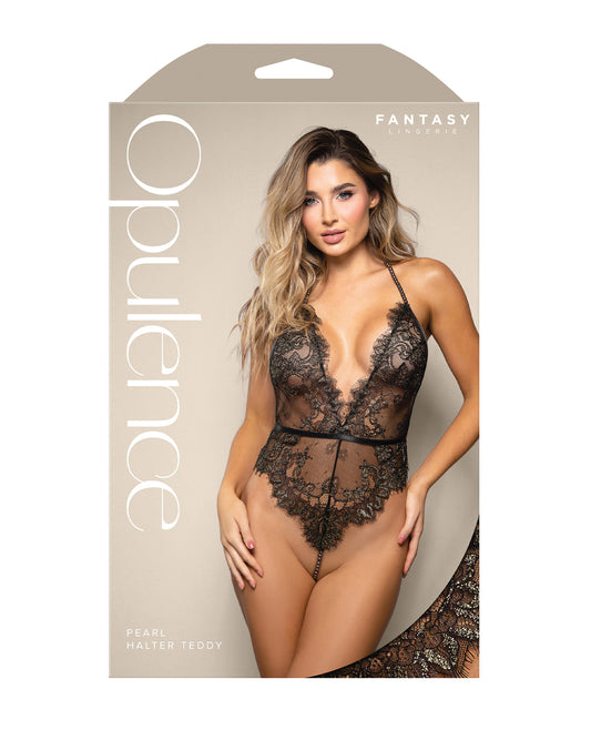 Opulence Metallic Eyelash Lace Teddy w/Pearl String Crotch - Black L/XL