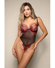 Opulence Embroidered Underwire Open Crotch Teddy w/Pearl Detail - Red L/XL