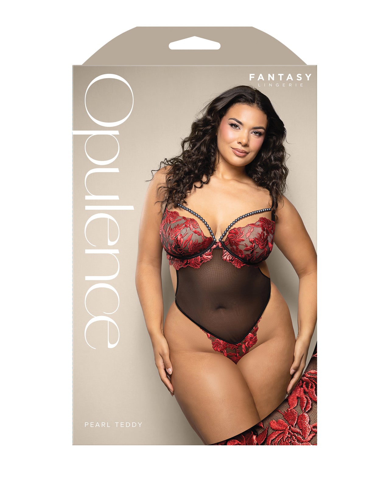 Opulence Embroidered Underwire Open Crotch Teddy w/Pearl Detail - Red QN