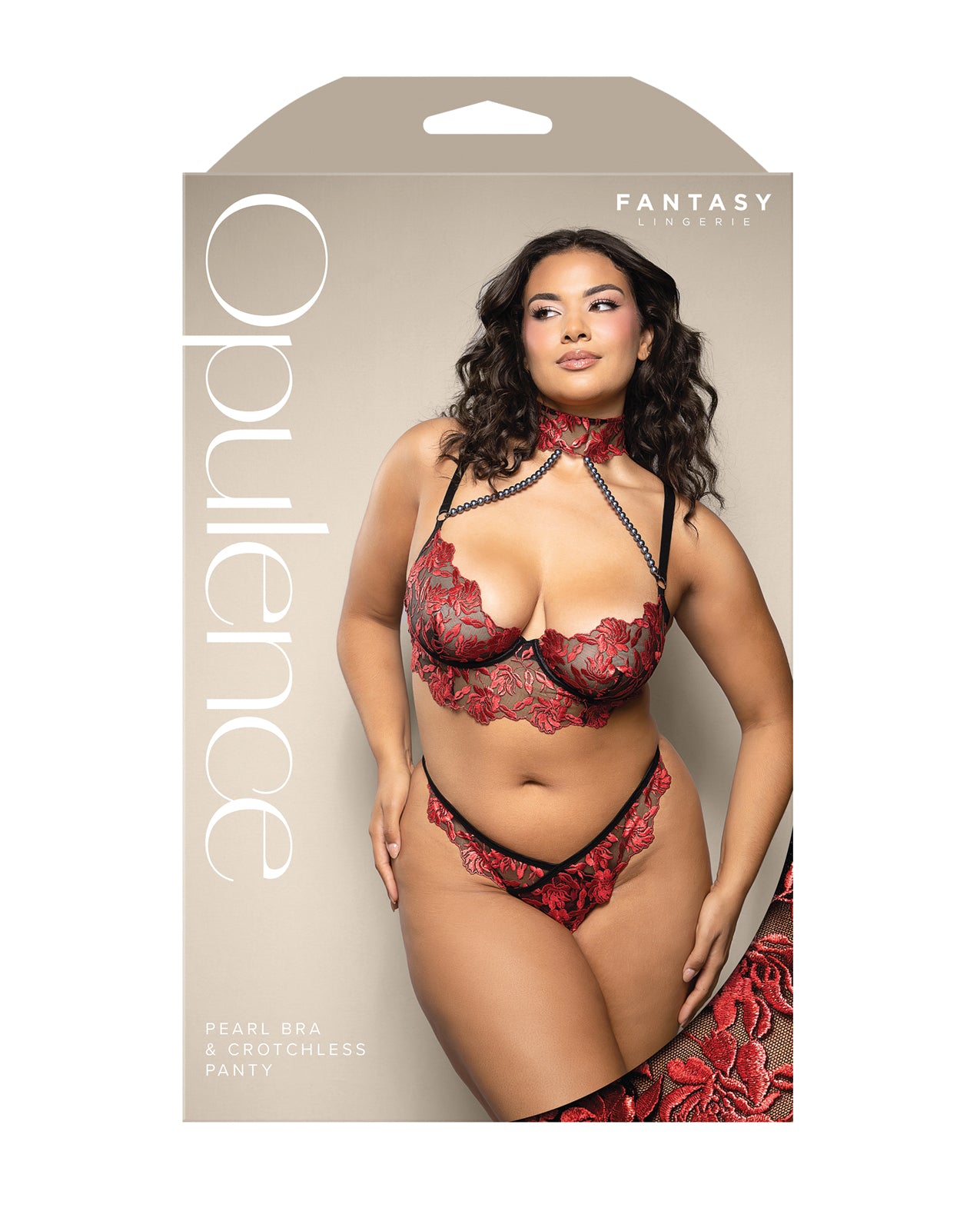 Opulence Embroidered Underwire Bralette & Crotchless Panty w/Pearl Details 2 pc Set - Red QN