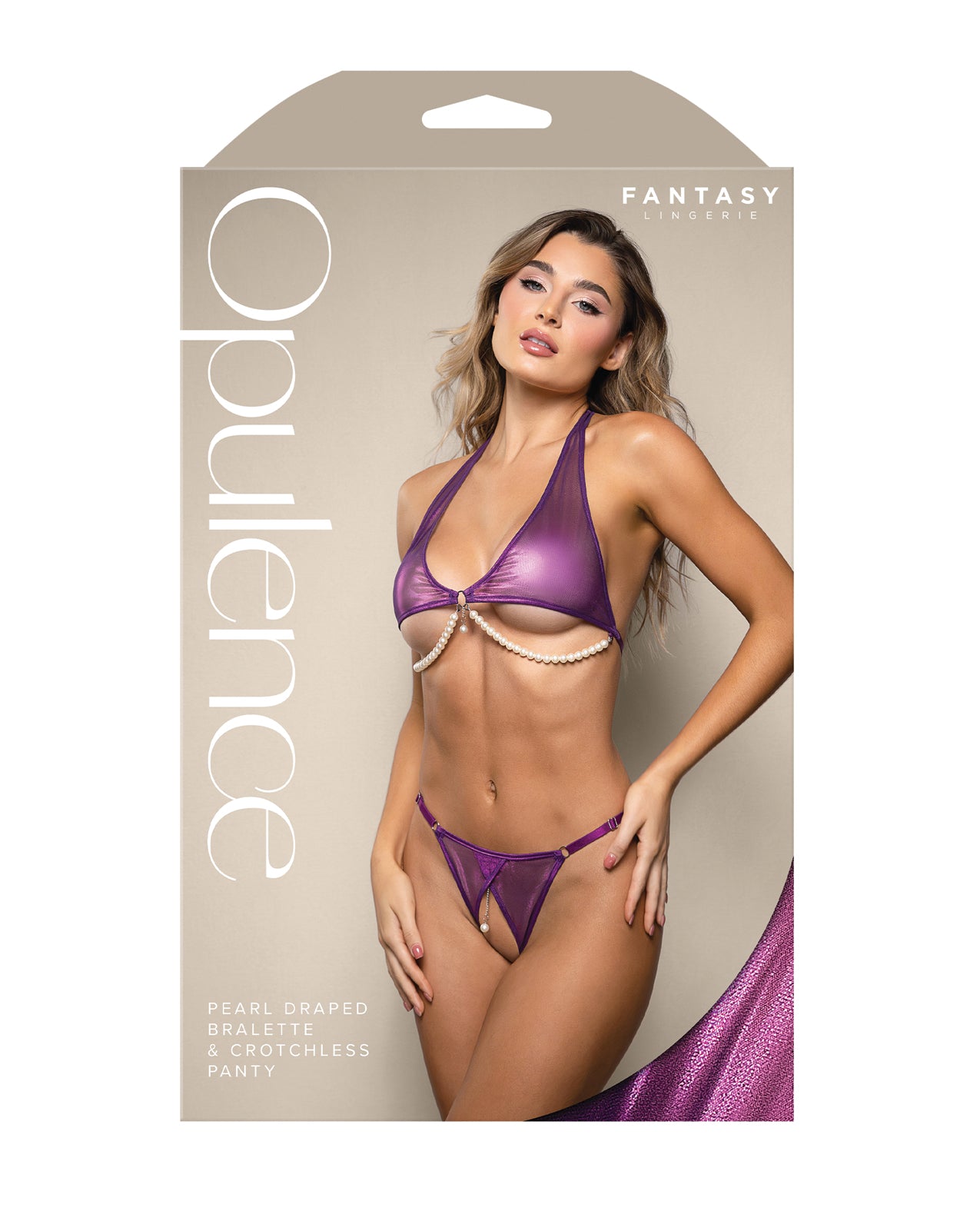 Opulence Shimmer Mesh Halter Top & Panty w/Pearl Details - Purple L/XL