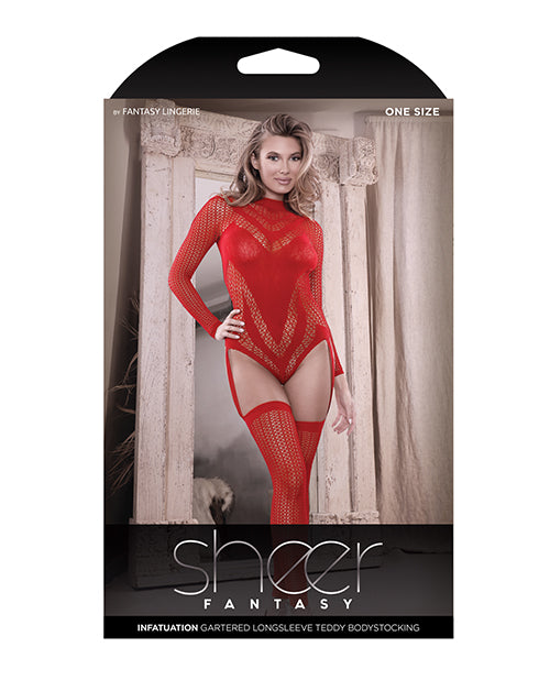 Sheer Infatuation Long Sleeve Teddy W/attached Footless Stockings Red O/s - LUST Depot