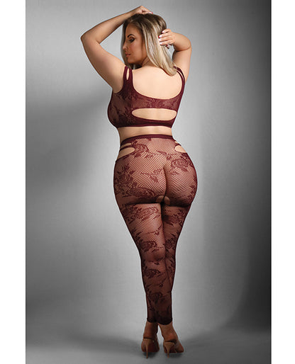 Sheer Undivided Attention Cut-out Lace Top w/ Crotchless Tights - Burgundy QN