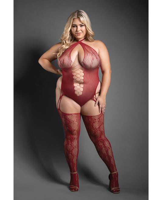 Sheer Pretty Poison Snakeskin Pattern Halter Bodystocking - Burgundy QN