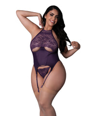 Leather & Lace Stretch Mesh and Lace Underboob Cutout Corset & Panty 2 pc Set - Plum 2X