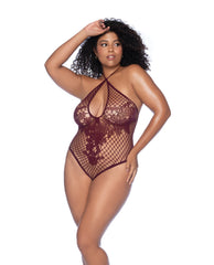 Floral Convertible Top Fishnet Bodysuit - Burgundy QN