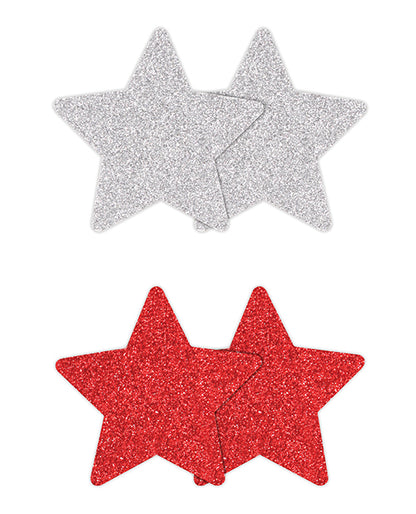 Pretty Pasties Glitter Stars Red/silver - 2 Pair - LUST Depot