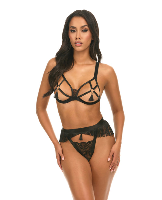 Annika Open Cup 2 pc Set w/Fringe and Tassel Detail - Black L/XL