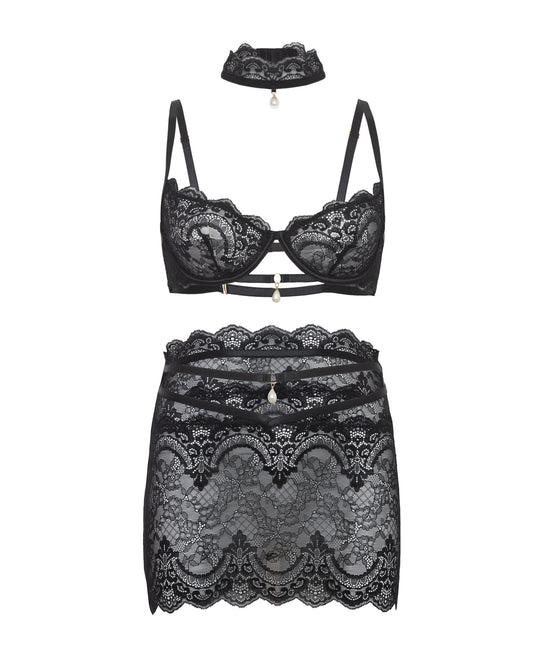 Perla Lace 3 pc Set w/Pearl Details - Black L/XL