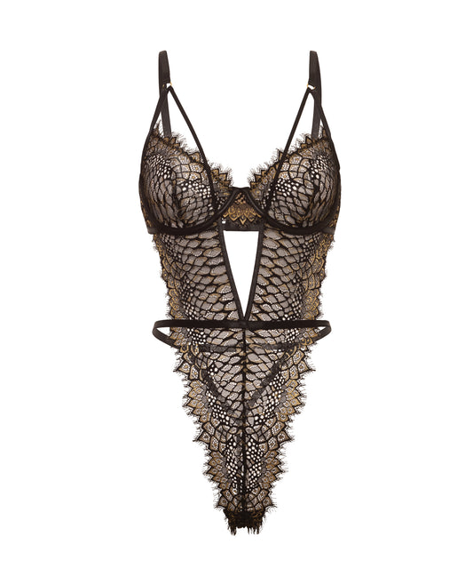 Greta Snake Eyelash Lace Teddy - Black/Gold LG