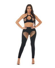 Pink Lipstick Heart Rate Halter Bra & Leggings 2 pc Set - Black O/S