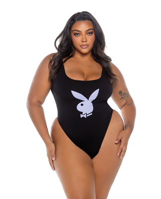 Playboy Scoop Neck Teddy w/Thong Back & Bunny Logo - Black/Lavender 1X