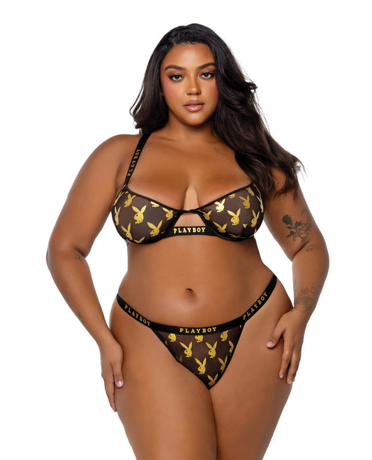 Playboy Gold Foil Mesh & Satin Bralette w/Thong 2 pc Set - Black/Gold 2X