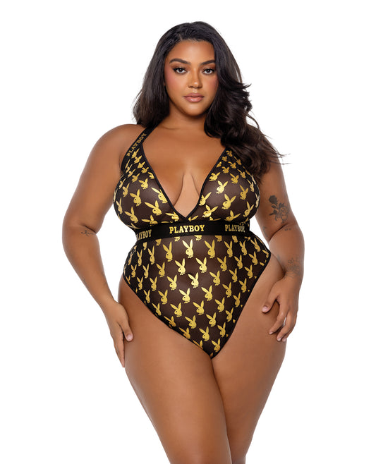 Playboy Bunny Gold Foil Halter Teddy - Black/Gold 2X