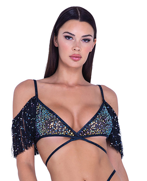 Sequin Fishnet Fringe Top - Black/Multi SM - LUST Depot