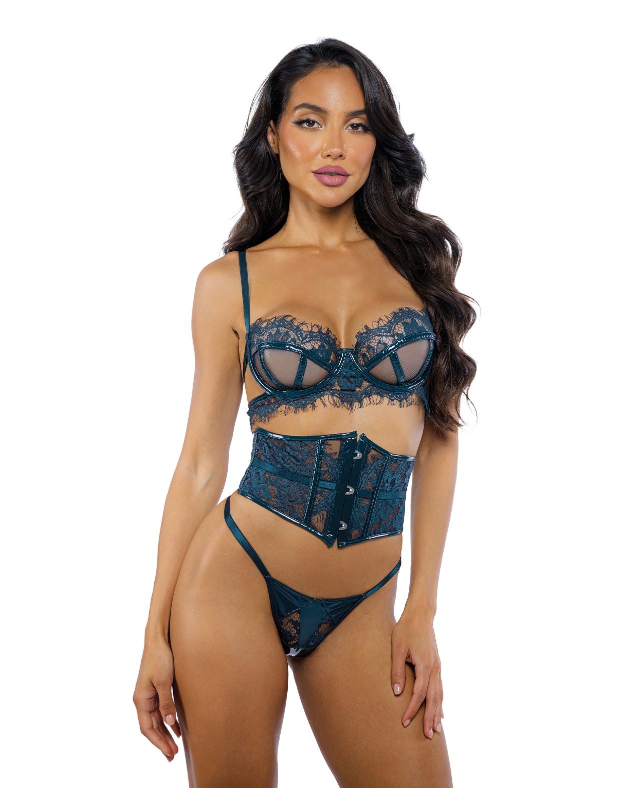 Eden Scalloped Eyelash Lace & Wet Look Waspie 3 pc Set - Teal MD