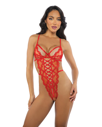 Baroque Heart Embroidered Lace Teddy - Red MD