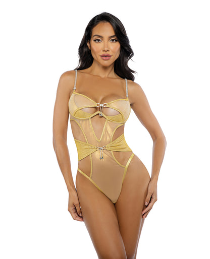 Gilded Beauty Metallic Shimmer Mesh Teddy w/Rhinestone Accents - Gold MD