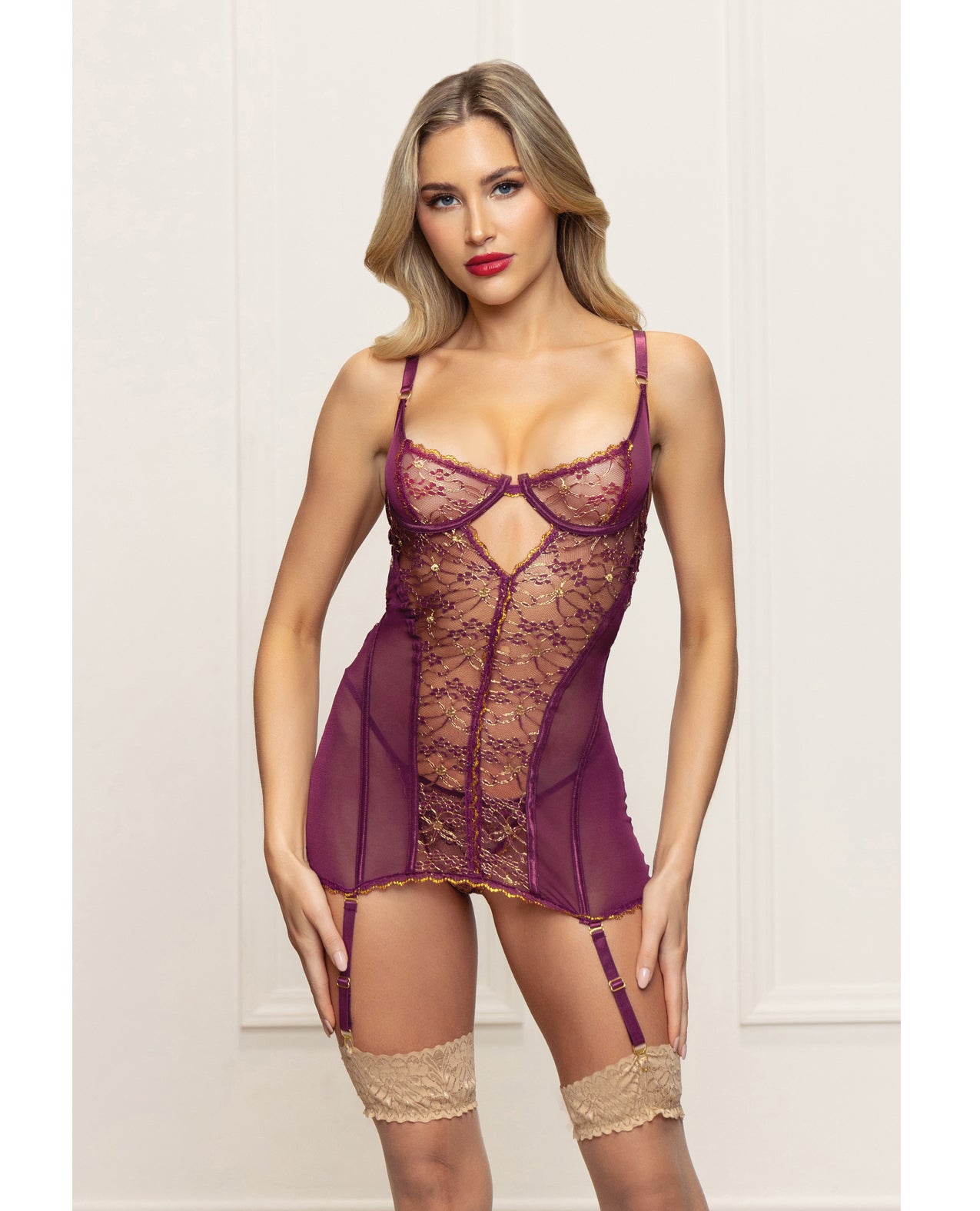 Metallic Lace with Mesh Gartered Chemise & Thong - Plum LG