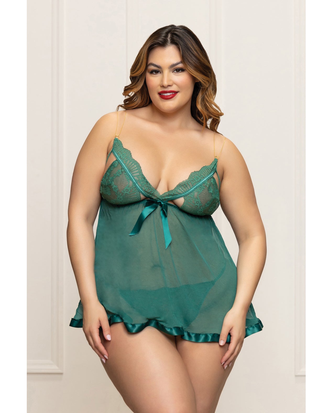 Lace and Mesh Babydoll w/Gold Straps & Thong - Green 1X/2X