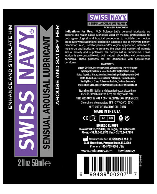 Swiss Navy Sensual Arousal Lubricant - 2 Oz - LUST Depot