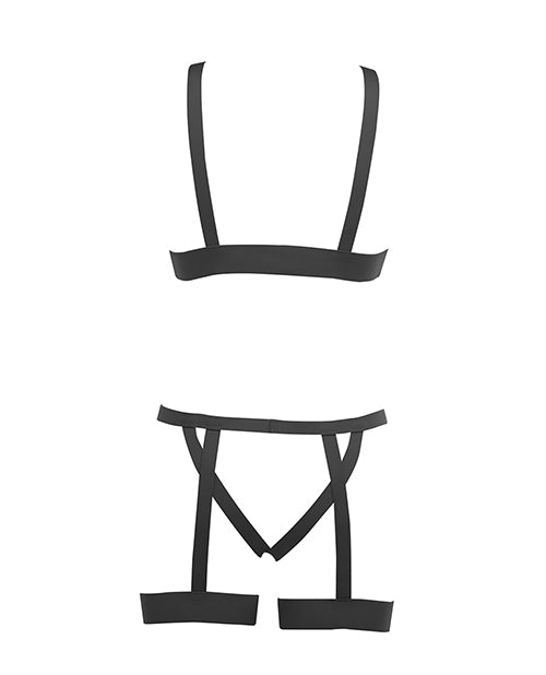 Kitten Teaser Strappy Open Cup Bra & Open Panty W/leg Straps Black O/s - LUST Depot