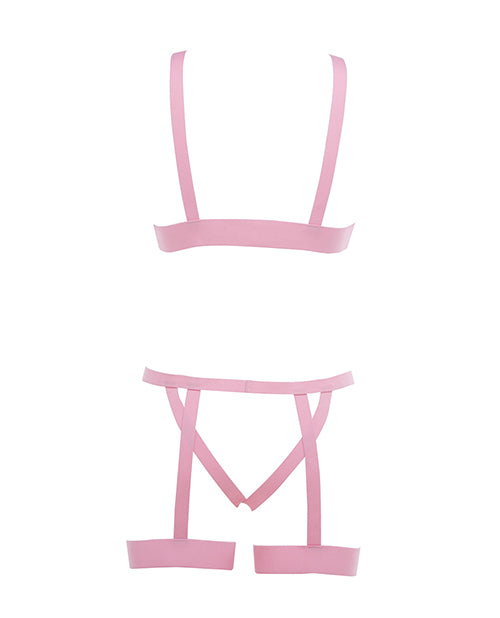 Kitten Teaser Strappy Open Cup Bra & Open Panty W/leg Straps Pink O/s - LUST Depot