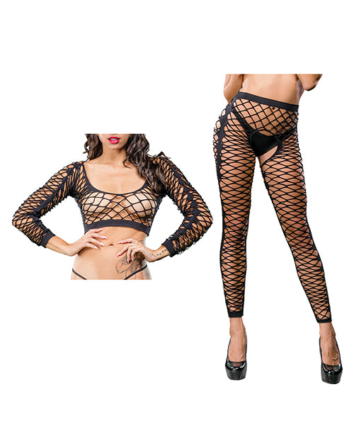 Beverly Hills Naughty Girl Crotchless Front Mesh & Side Design Leggings Black O/s - LUST Depot