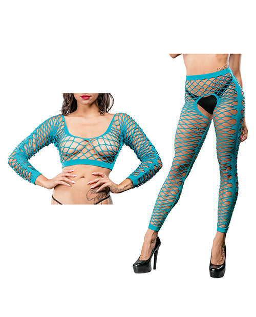 Beverly Hills Naughty Girl Crotchless Front Mesh & Side Design Leggings Turquoise O/s - LUST Depot